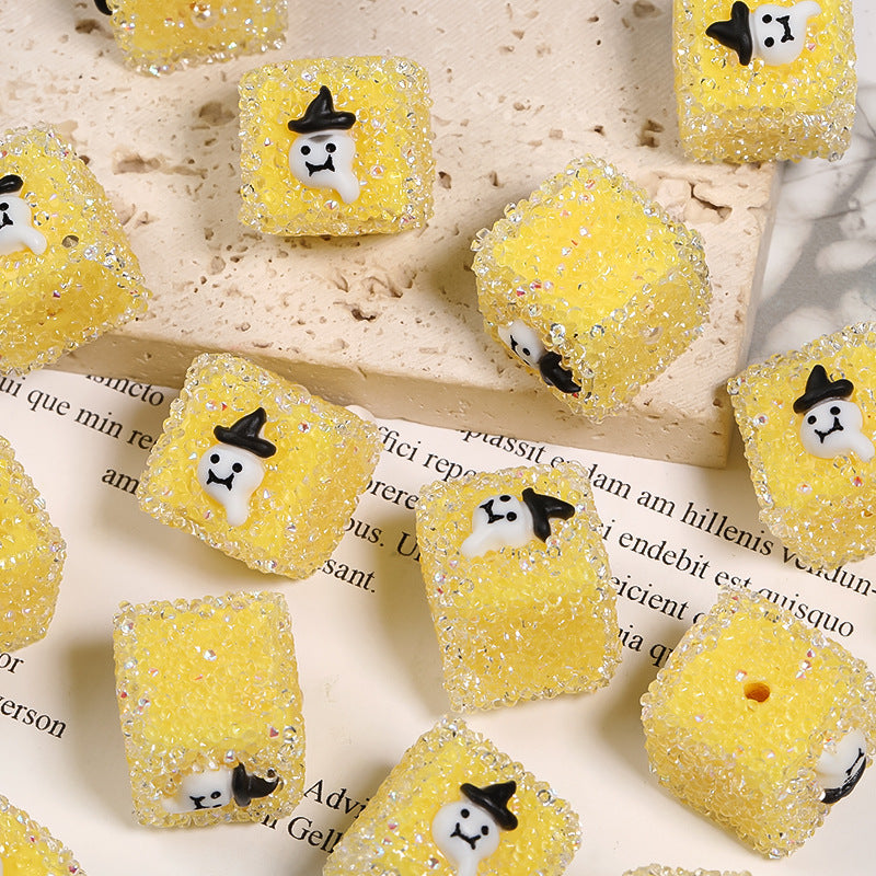 Wholesale 5pcs/pack Rhinestone Halloween Pumpkin Skull Square Sugar Beads